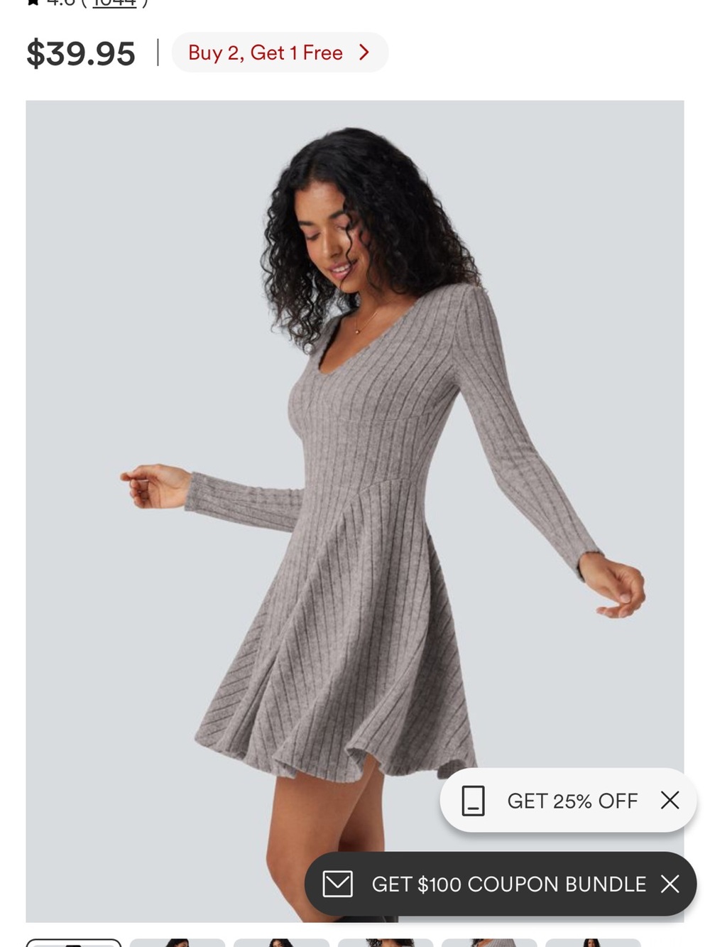 HALARA Ribbed V-Neck Long Sleeve Skater Dress - Gray